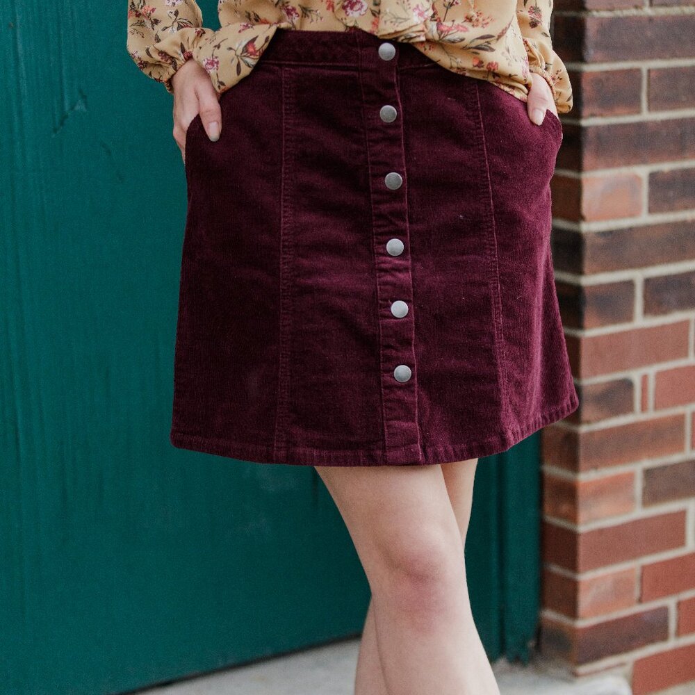 Maurices Burgundy Corduroy Button Down Skirt